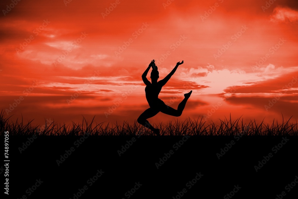 Poster composite image of fit brunette jumping and posing