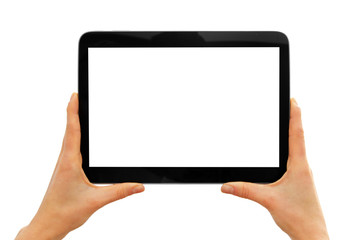 hands holding blank digital tablet isolated on white