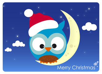 christmas card, owl with santa's hat sitting on a crescent moon