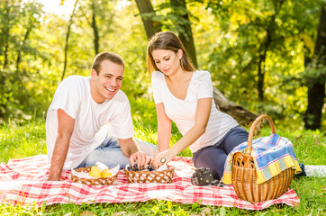 Happy young couple having a picnic