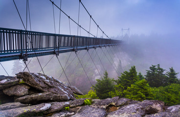 The Mile-High Swinging Bridge in fog, at Grandfather Mountain, N