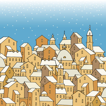 Cartoon hand drawing city, winter, vector