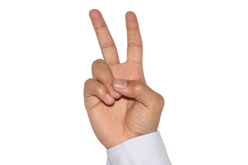 A victory or V-sign of a male's right hand on a white background