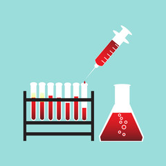 Test tube with blood and syringe on blue background