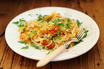 Fried potatoes on white plate with fork