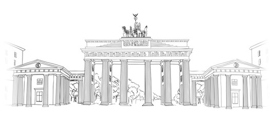 Naklejka premium The Brandenburg gate. Berlin arch symbol. Hand drawn pencil sketch vector illustration isolated on white background 