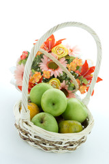 basket of green apples on white background