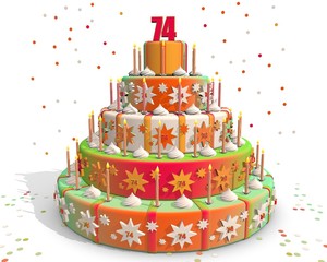 Feestelijke gekleurde taart met cijfer 74