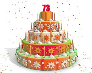 Feestelijke gekleurde taart met cijfer 73