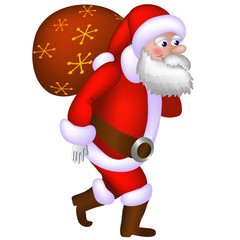 Illustration of Santa Claus carrying a bag with gifts.