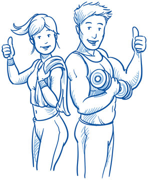 Happy young fitness woman and man showing thumbs up