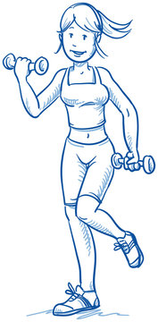 Happy young fitness woman doing workout, hand drawn vector