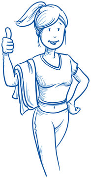 Happy young fitness woman showing thumbs up