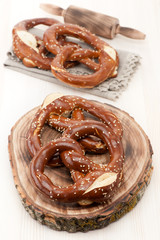 Pretzels in a rustic style on a wooden board
