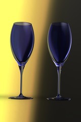 Blue Wine glasses on a light and warm background.