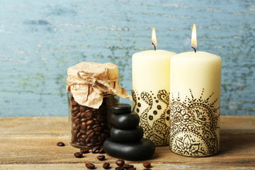 Beautiful spa composition with decorative Indian candles,