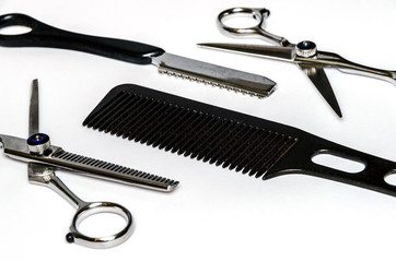 close-up of used hairdresser tools