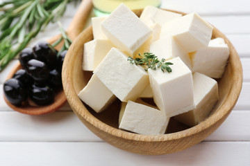 Feta cheese on table