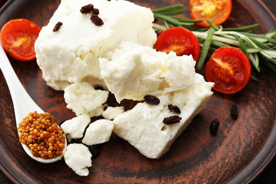 Feta cheese on table close-up