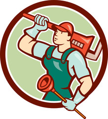 Plumber Holding Wrench Plunger Circle Cartoon