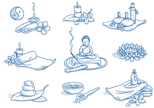 Icon set wellness, spa, meditation, hand drawn doodle 