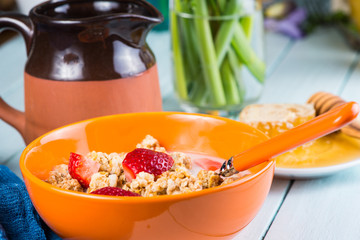 Morning with healthy breakfast and spring flowers
