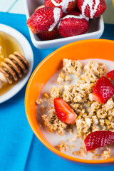Bowl with cereals with milk and fresh fruit