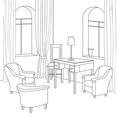 Editable illustration of outline sketch of interior. Cabinet.