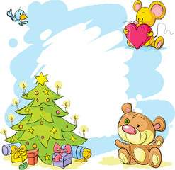 Obraz na płótnie Canvas christmas frame with teddy bear, cute mouse and bird