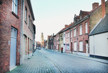 Fototapeta na wymiar An old medieval side street of Bruges