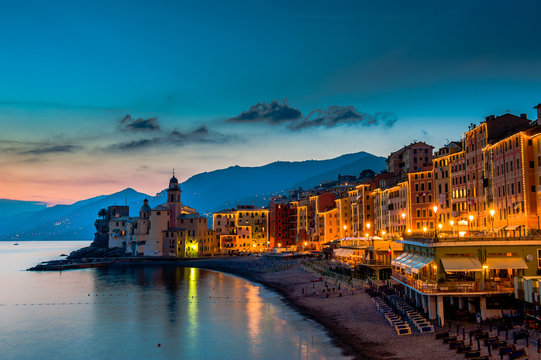 Beautiful Sunset on the Pebble Beach in Camogli near Genoa