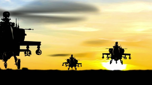 Helicopters Missile attack at sunset