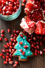 Broken Pomegranate, Seeds and Gingerbread Xmas Tree Cookie