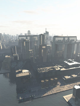Future City - the Canal District with Copy Space in Sky