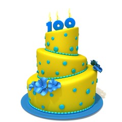 Birthday cake with number one hundred 3d illustration