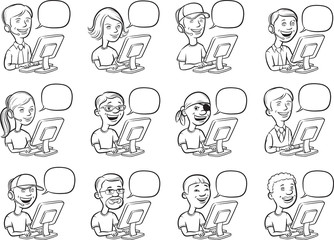 whiteboard drawing - cartoon people and computers