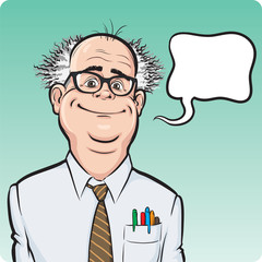 Cartoon smiling mad professor with speech bubble