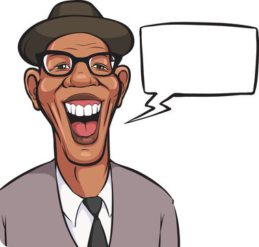 Cartoon laughing black man in hat with speech bubble