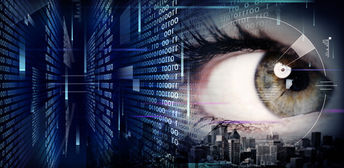 Woman eye on techno background
