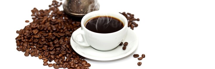 Coffee cup and beans on a white background.
