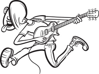 Fototapeta na wymiar whiteboard drawing - Cartoon jumping guitarist on stage