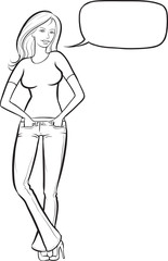 whiteboard drawing - standing woman in jeans with speech bubble