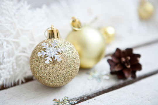 Close Up Of Several Christmas Gold Glass Baubles