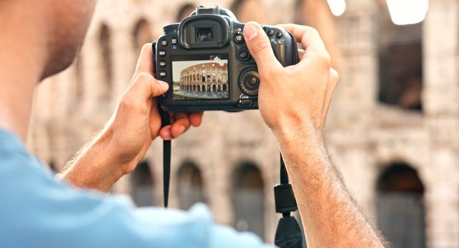 Man Hands Holding Camera Tourism Rome Taking Pictures Vacation