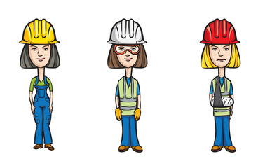 three cartoon women workers with hardhats