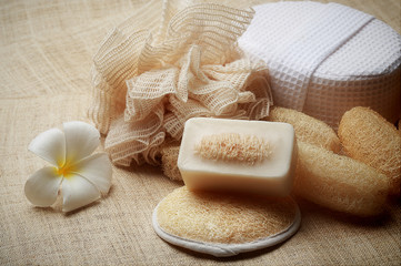 Fototapeta na wymiar The special scrub soap on spa set for healthy skin