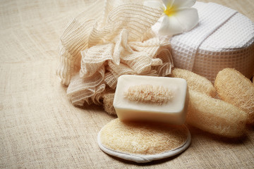Fototapeta na wymiar The special scrub soap on spa set for healthy skin