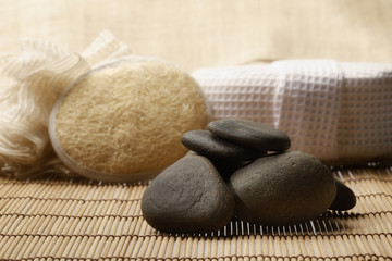zen stones and spa set on the wood for treatments