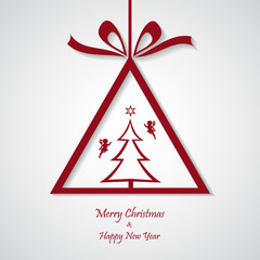 vector red christmas background with tree. cut paper design.