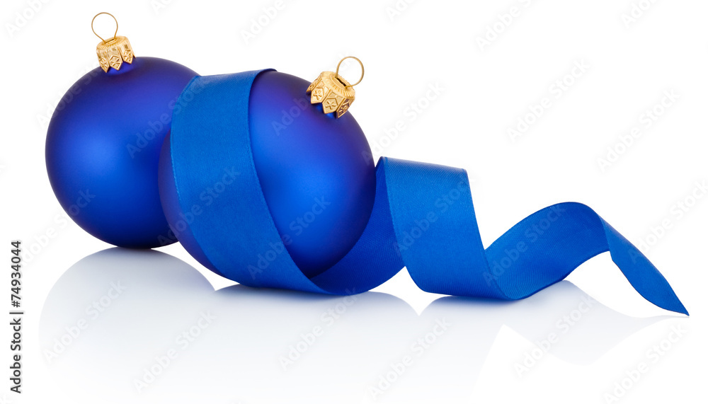 Wall mural two blue christmas ball covered with curled ribbon isolated on w